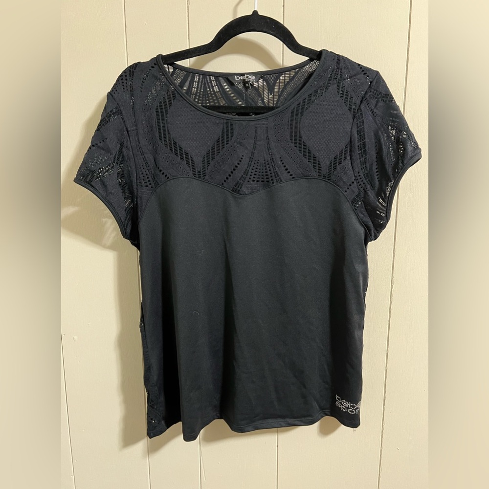 Bebe sport size xl black open weave cap sleeve top retro sexy rhinestone logo